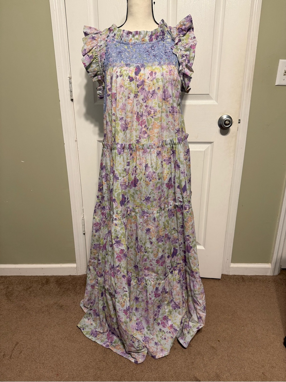 Mi Golondrina Lavender Floral Tiered Dress with Pastel Accents